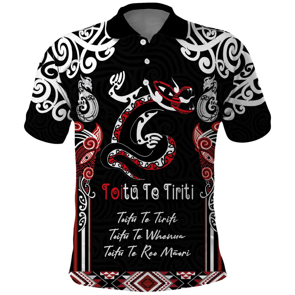 Aotearoa Toitu Te Tiriti-Maori Taniwha Polo Shirt Toitu Te Whenua Toitu Te Reo Maori LT03 Black - Polynesian Pride