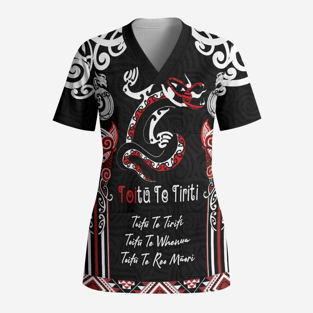 Aotearoa Toitu Te Tiriti-Maori Taniwha Scrub Top Toitu Te Whenua Toitu Te Reo Maori - Polynesian Pride