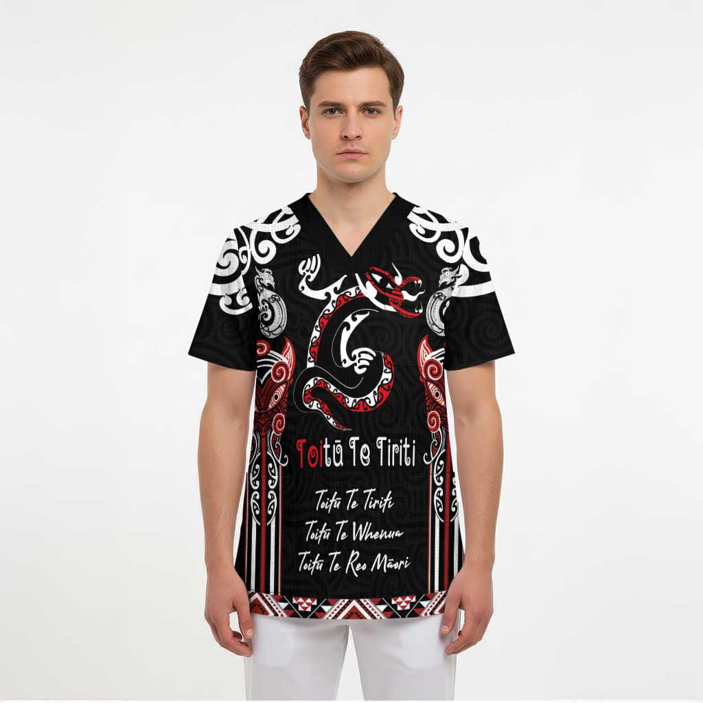 Aotearoa Toitu Te Tiriti-Maori Taniwha Scrub Top Toitu Te Whenua Toitu Te Reo Maori - Polynesian Pride
