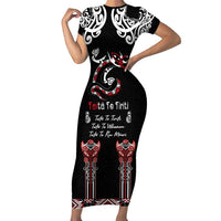 Aotearoa Toitu Te Tiriti-Maori Taniwha Short Sleeve Bodycon Dress Toitu Te Whenua Toitu Te Reo Maori LT03 Long Dress Black - Polynesian Pride