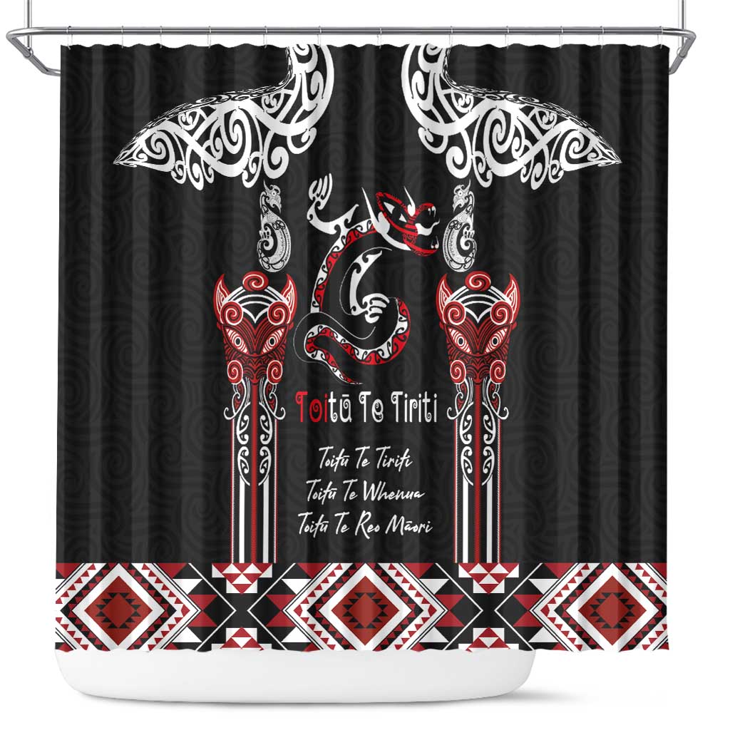 Aotearoa Toitu Te Tiriti-Maori Taniwha Shower Curtain Toitu Te Whenua Toitu Te Reo Maori LT03 Black - Polynesian Pride