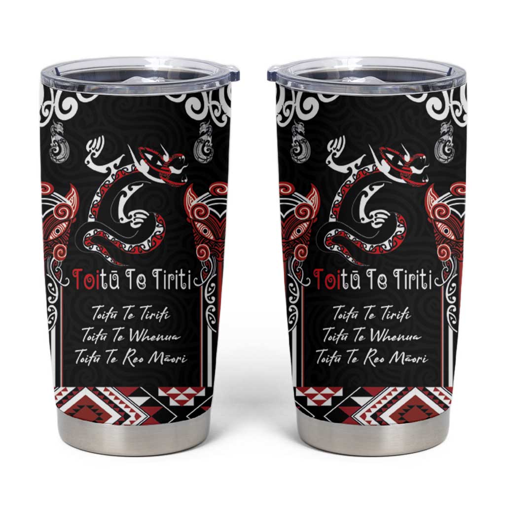 Aotearoa Toitu Te Tiriti-Maori Taniwha Tumbler Cup Toitu Te Whenua Toitu Te Reo Maori LT03 Black - Polynesian Pride