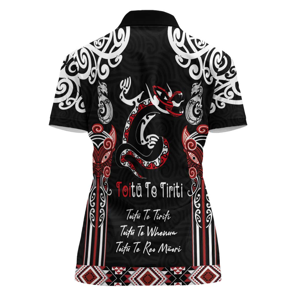 Aotearoa Toitu Te Tiriti-Maori Taniwha Women Polo Shirt Toitu Te Whenua Toitu Te Reo Maori