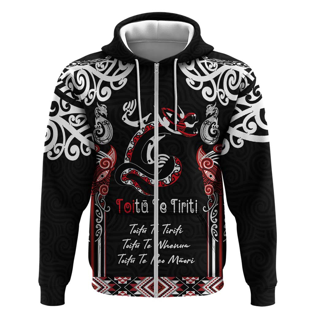 Aotearoa Toitu Te Tiriti-Maori Taniwha Zip Hoodie Toitu Te Whenua Toitu Te Reo Maori LT03 Zip Hoodie Black - Polynesian Pride