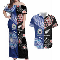 Personalised Aotearoa and Samoa Together Couples Matching Off Shoulder Maxi Dress and Hawaiian Shirt Tatau Art Tattoos-Taniko and Tukutuku with Maori Pattern LT03 Black - Polynesian Pride