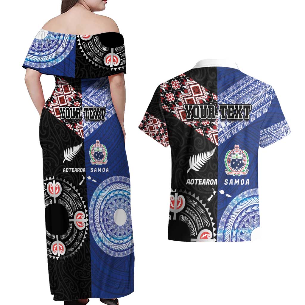 Personalised Aotearoa and Samoa Together Couples Matching Off Shoulder Maxi Dress and Hawaiian Shirt Tatau Art Tattoos-Taniko and Tukutuku with Maori Pattern LT03 - Polynesian Pride
