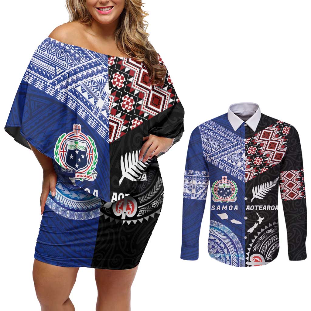 Personalised Aotearoa and Samoa Together Couples Matching Off Shoulder Short Dress and Long Sleeve Button Shirt Tatau Art Tattoos-Taniko and Tukutuku with Maori Pattern