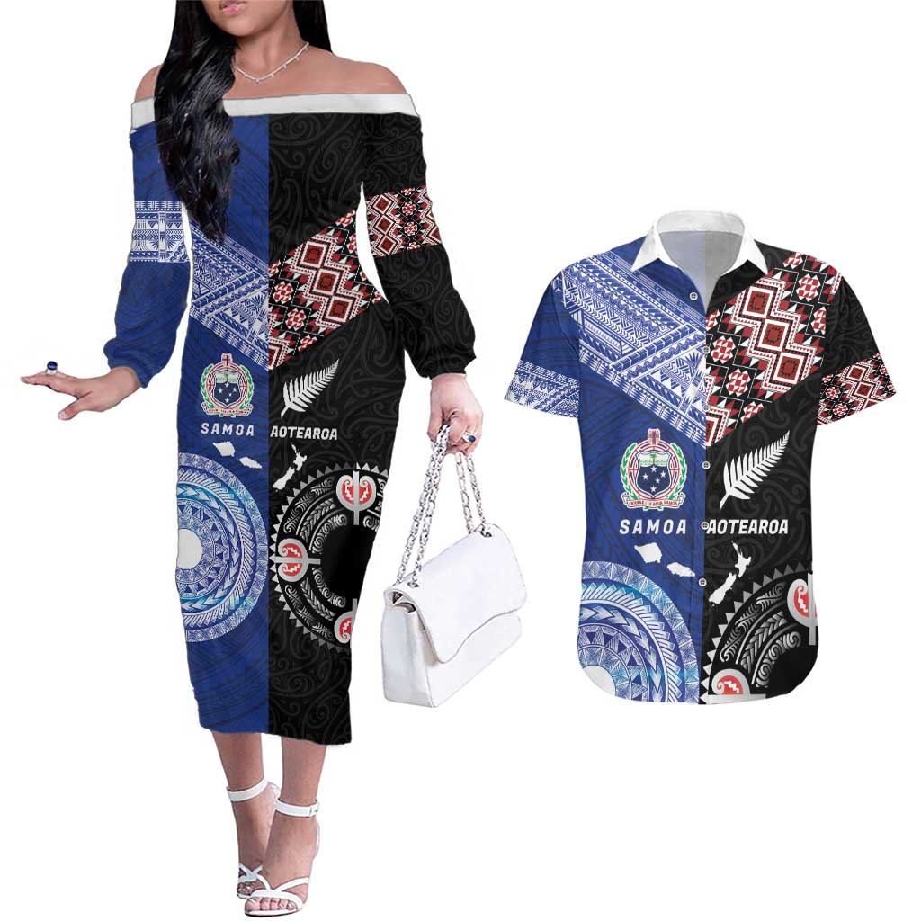 Personalised Aotearoa and Samoa Together Couples Matching Off The Shoulder Long Sleeve Dress and Hawaiian Shirt Tatau Art Tattoos-Taniko and Tukutuku with Maori Pattern