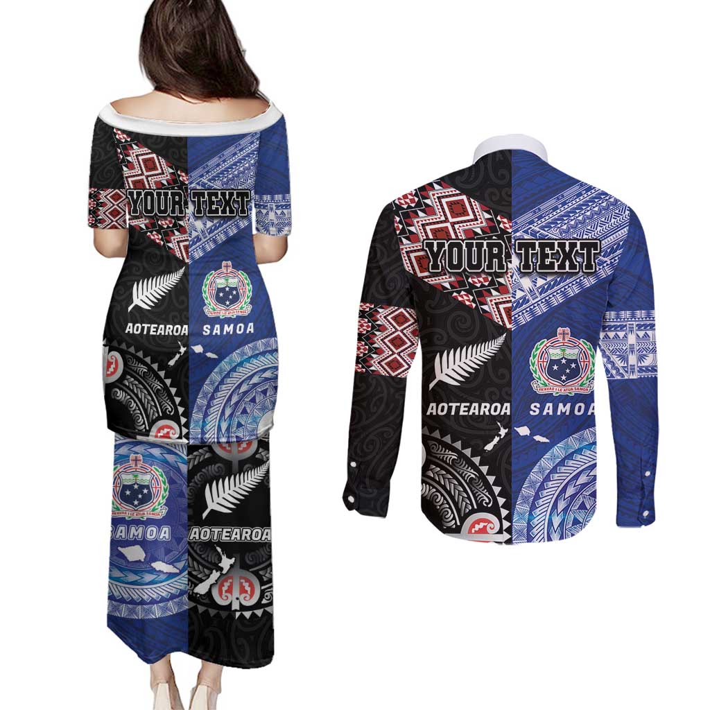 Personalised Aotearoa and Samoa Together Couples Matching Puletasi and Long Sleeve Button Shirt Tatau Art Tattoos-Taniko and Tukutuku with Maori Pattern