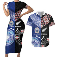 Personalised Aotearoa and Samoa Together Couples Matching Short Sleeve Bodycon Dress and Hawaiian Shirt Tatau Art Tattoos-Taniko and Tukutuku with Maori Pattern