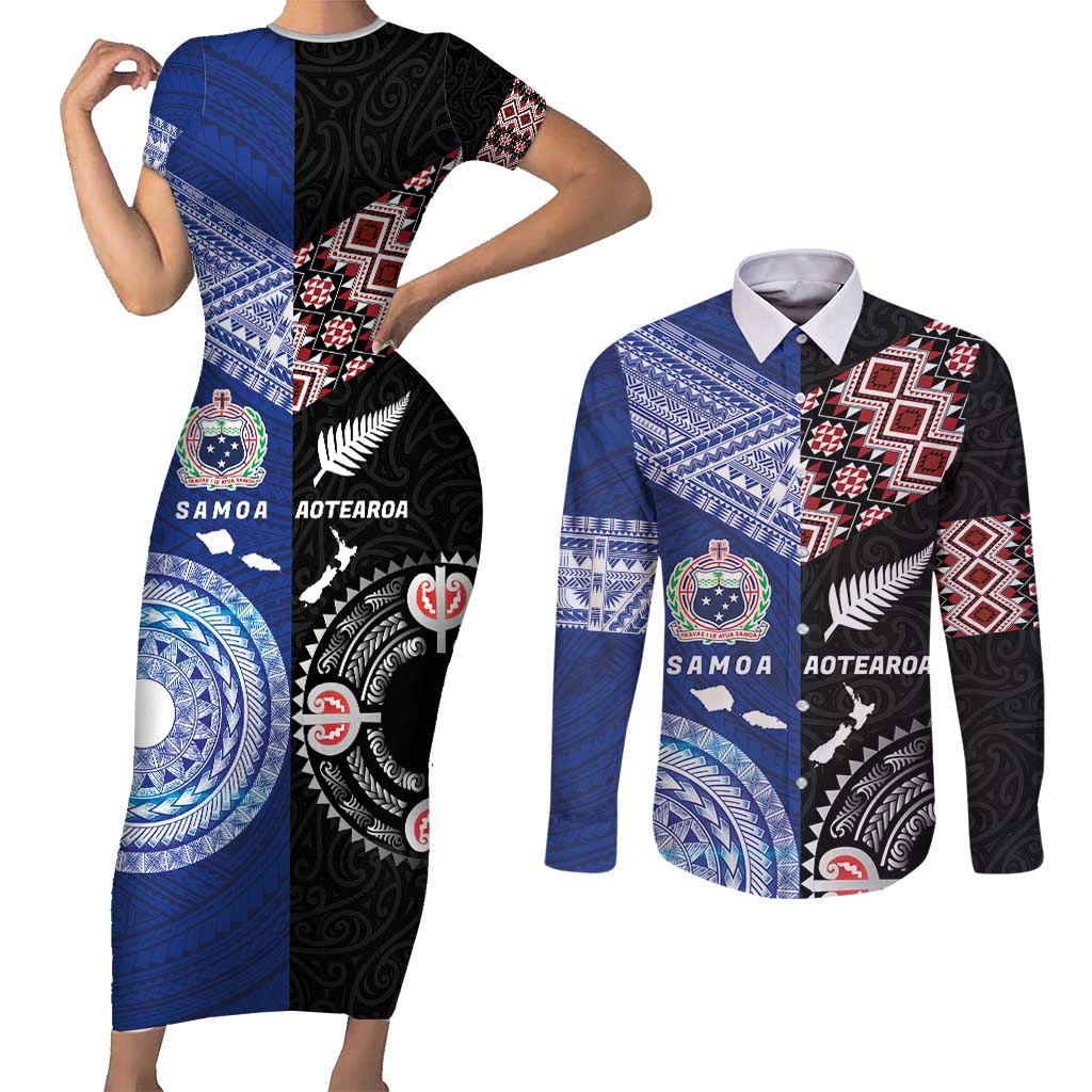 Personalised Aotearoa and Samoa Together Couples Matching Short Sleeve Bodycon Dress and Long Sleeve Button Shirt Tatau Art Tattoos-Taniko and Tukutuku with Maori Pattern