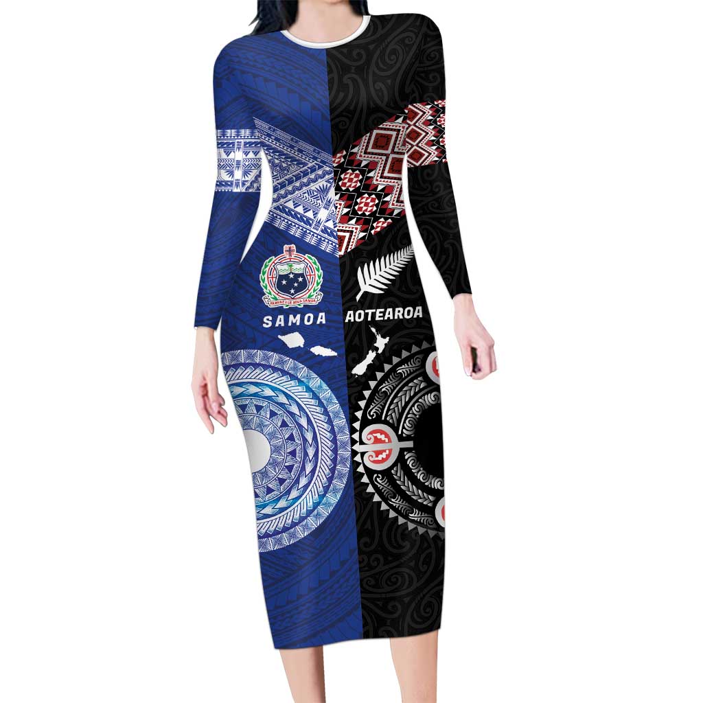 Personalised Aotearoa and Samoa Together Family Matching Long Sleeve Bodycon Dress and Hawaiian Shirt Tatau Art Tattoos-Taniko and Tukutuku with Maori Pattern LT03 Mom's Dress Black - Polynesian Pride