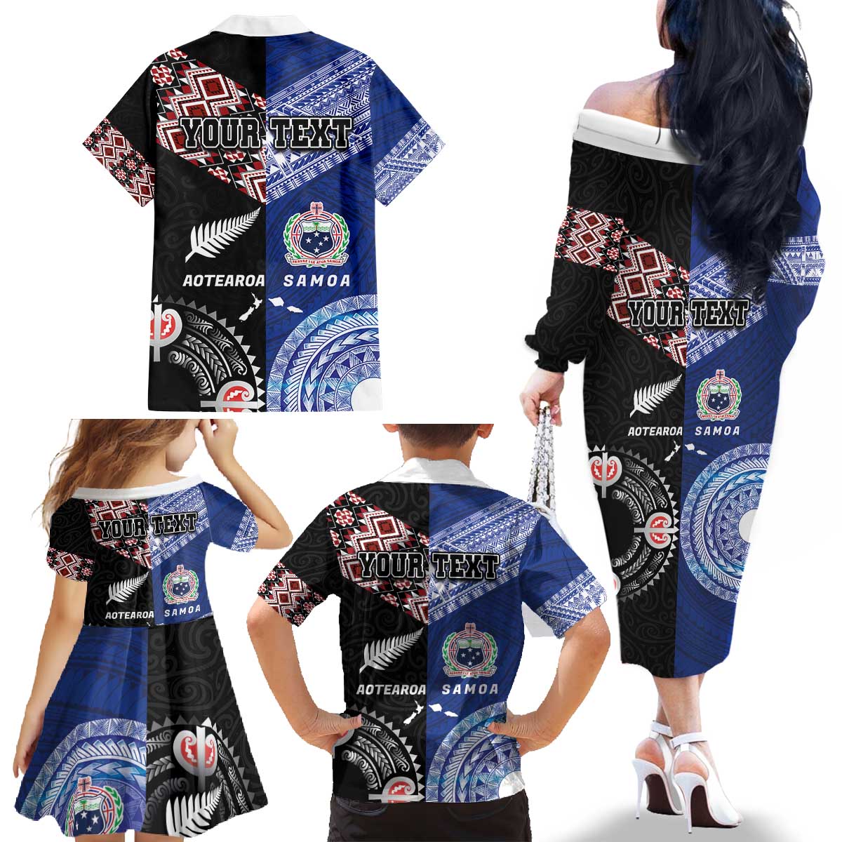 Personalised Aotearoa and Samoa Together Family Matching Off The Shoulder Long Sleeve Dress and Hawaiian Shirt Tatau Art Tattoos-Taniko and Tukutuku with Maori Pattern LT03 - Polynesian Pride
