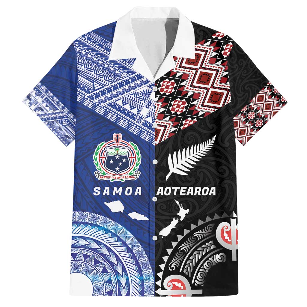 Personalised Aotearoa and Samoa Together Family Matching Off Shoulder Maxi Dress and Hawaiian Shirt Tatau Art Tattoos-Taniko and Tukutuku with Maori Pattern LT03 Dad's Shirt - Short Sleeve Black - Polynesian Pride