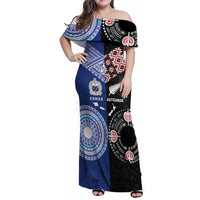 Personalised Aotearoa and Samoa Together Family Matching Off Shoulder Maxi Dress and Hawaiian Shirt Tatau Art Tattoos-Taniko and Tukutuku with Maori Pattern LT03 Mom's Dress Black - Polynesian Pride
