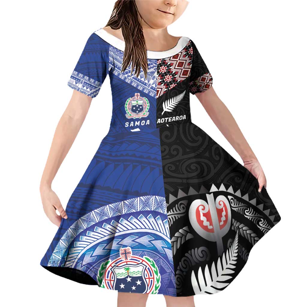 Personalised Aotearoa and Samoa Together Family Matching Off Shoulder Short Dress and Hawaiian Shirt Tatau Art Tattoos-Taniko and Tukutuku with Maori Pattern LT03 Daughter's Dress Black - Polynesian Pride