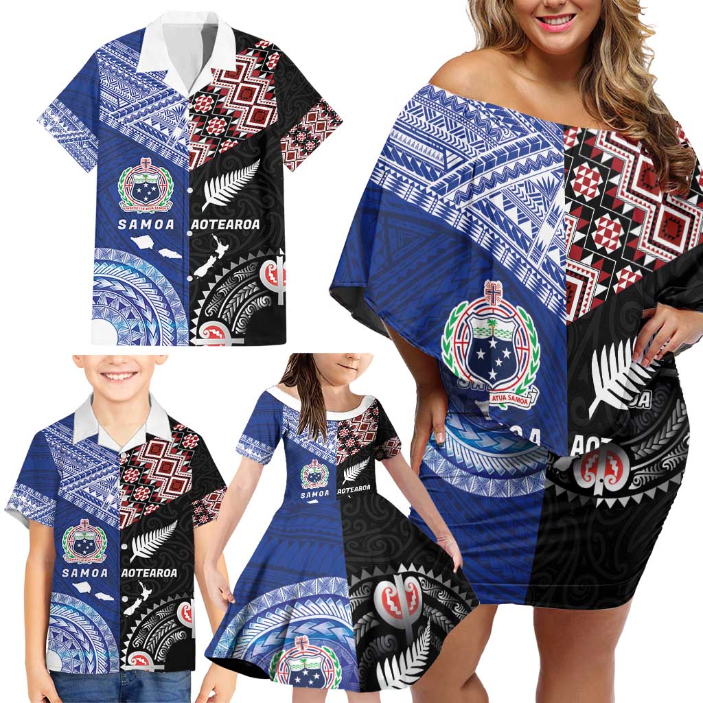 Personalised Aotearoa and Samoa Together Family Matching Off Shoulder Short Dress and Hawaiian Shirt Tatau Art Tattoos-Taniko and Tukutuku with Maori Pattern LT03 - Polynesian Pride