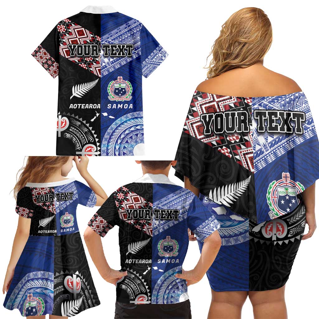 Personalised Aotearoa and Samoa Together Family Matching Off Shoulder Short Dress and Hawaiian Shirt Tatau Art Tattoos-Taniko and Tukutuku with Maori Pattern LT03 - Polynesian Pride