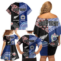 Personalised Aotearoa and Samoa Together Family Matching Off Shoulder Short Dress and Hawaiian Shirt Tatau Art Tattoos-Taniko and Tukutuku with Maori Pattern LT03 - Polynesian Pride