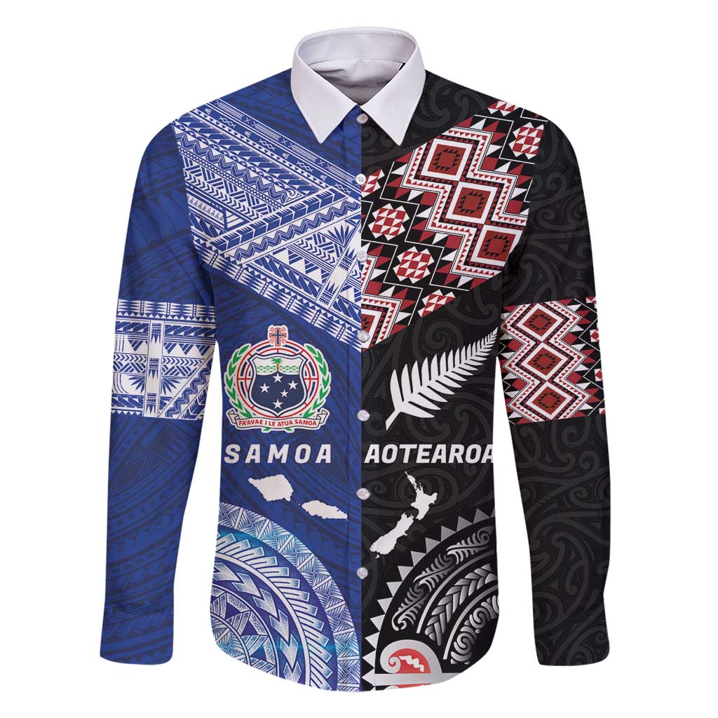 Personalised Aotearoa and Samoa Together Family Matching Off Shoulder Short Dress and Hawaiian Shirt Tatau Art Tattoos-Taniko and Tukutuku with Maori Pattern LT03 Dad's Shirt - Long Sleeve Black - Polynesian Pride