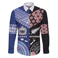 Personalised Aotearoa and Samoa Together Family Matching Puletasi and Hawaiian Shirt Tatau Art Tattoos-Taniko and Tukutuku with Maori Pattern LT03 Dad's Shirt - Long Sleeve Black - Polynesian Pride