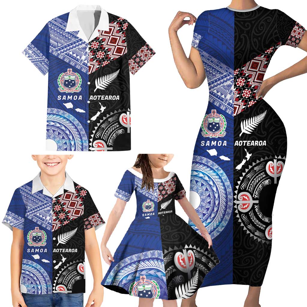Personalised Aotearoa and Samoa Together Family Matching Short Sleeve Bodycon Dress and Hawaiian Shirt Tatau Art Tattoos-Taniko and Tukutuku with Maori Pattern LT03 - Polynesian Pride
