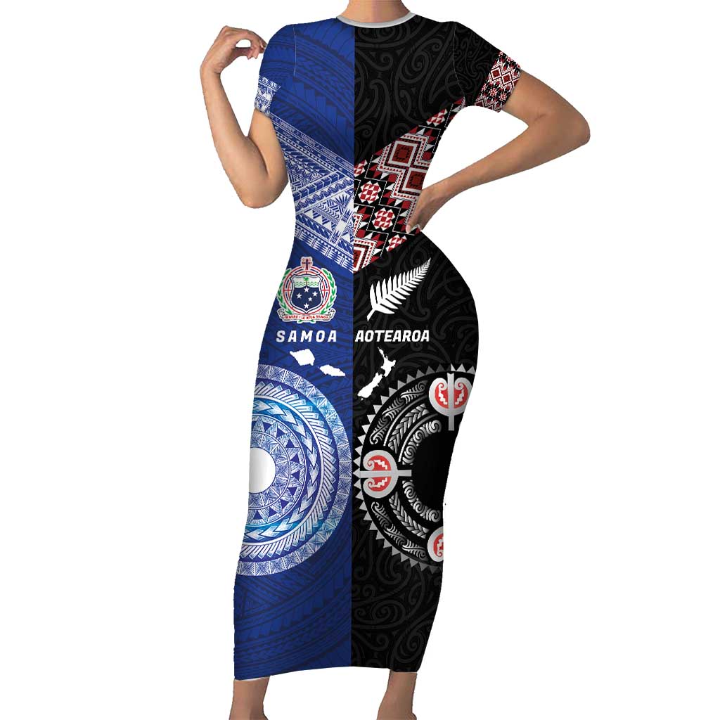 Personalised Aotearoa and Samoa Together Family Matching Short Sleeve Bodycon Dress and Hawaiian Shirt Tatau Art Tattoos-Taniko and Tukutuku with Maori Pattern LT03 Mom's Dress Black - Polynesian Pride