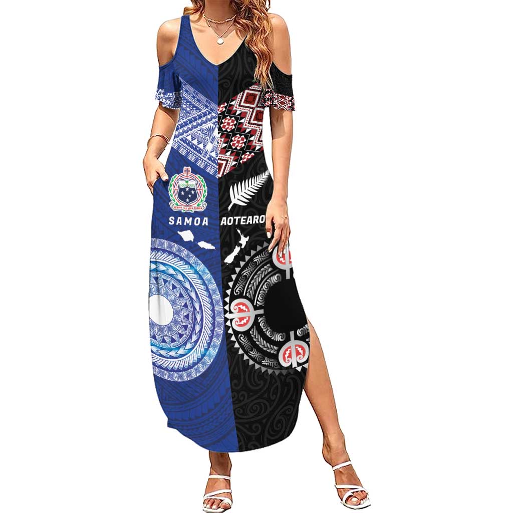 Personalised Aotearoa and Samoa Together Family Matching Summer Maxi Dress and Hawaiian Shirt Tatau Art Tattoos-Taniko and Tukutuku with Maori Pattern LT03 Mom's Dress Black - Polynesian Pride