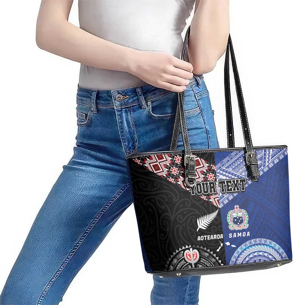 Personalised Aotearoa and Samoa Together Leather Tote Bag Tatau Art Tattoos-Taniko and Tukutuku with Maori Pattern