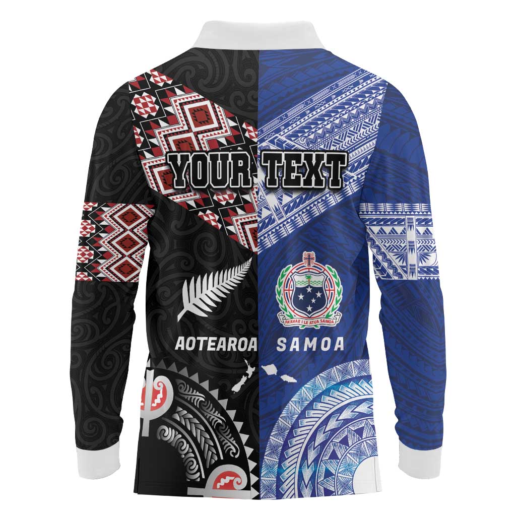Personalised Aotearoa and Samoa Together Long Sleeve Polo Shirt Tatau Art Tattoos-Taniko and Tukutuku with Maori Pattern