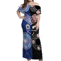 Personalised Aotearoa and Samoa Together Off Shoulder Maxi Dress Tatau Art Tattoos-Taniko and Tukutuku with Maori Pattern
