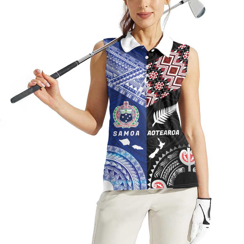 Personalised Aotearoa and Samoa Together Women Sleeveless Polo Shirt Tatau Art Tattoos-Taniko and Tukutuku with Maori Pattern