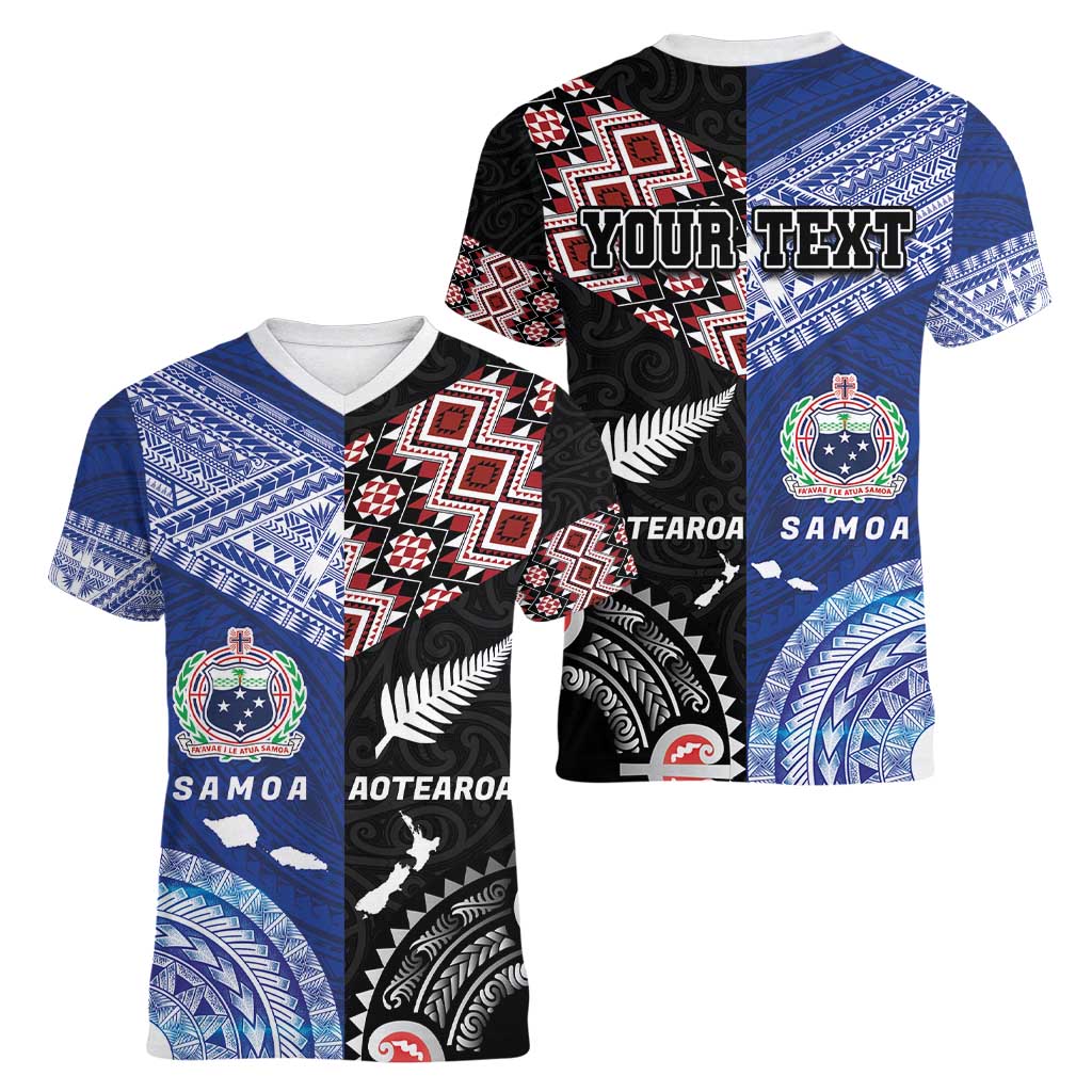 Personalised Aotearoa and Samoa Together Women V-Neck T-Shirt Tatau Art Tattoos-Taniko and Tukutuku with Maori Pattern