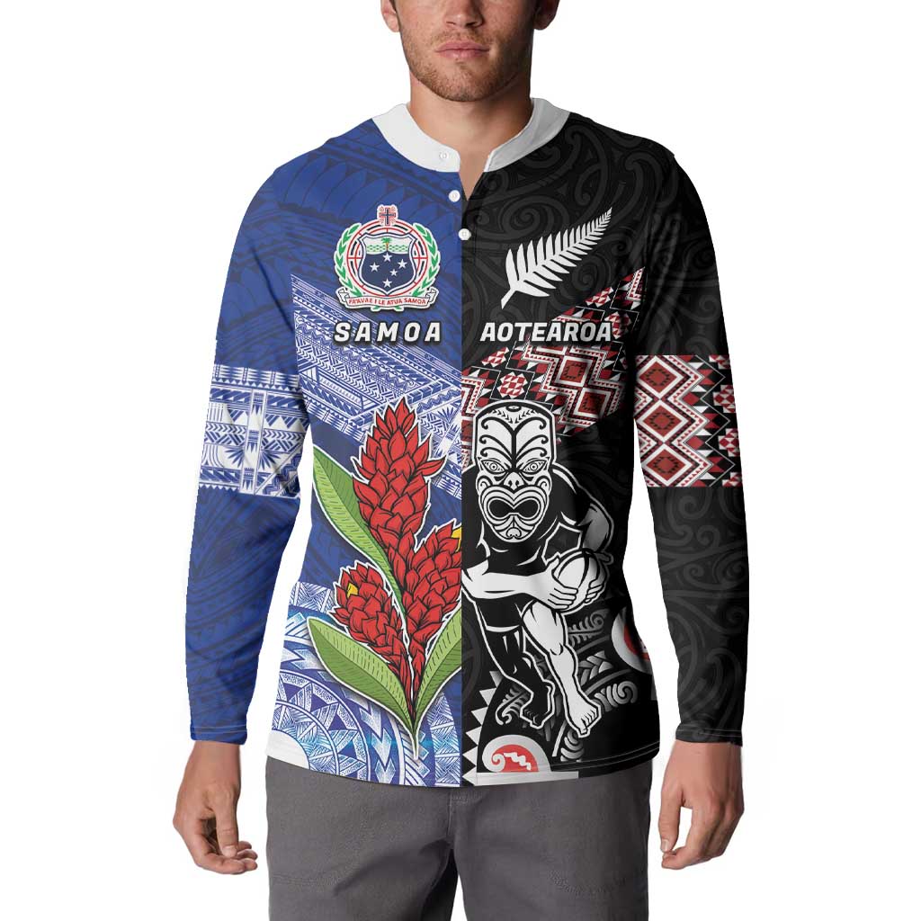 Custom Aotearoa and Samoa Rugby Button Sweatshirt Maori Warrior and Teuila Emblem-Tatau with Taniko Art