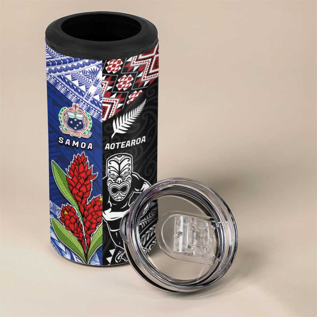 Custom Aotearoa and Samoa Rugby 4 in 1 Can Cooler Tumbler Maori Warrior and Teuila Emblem-Tatau with Taniko Art