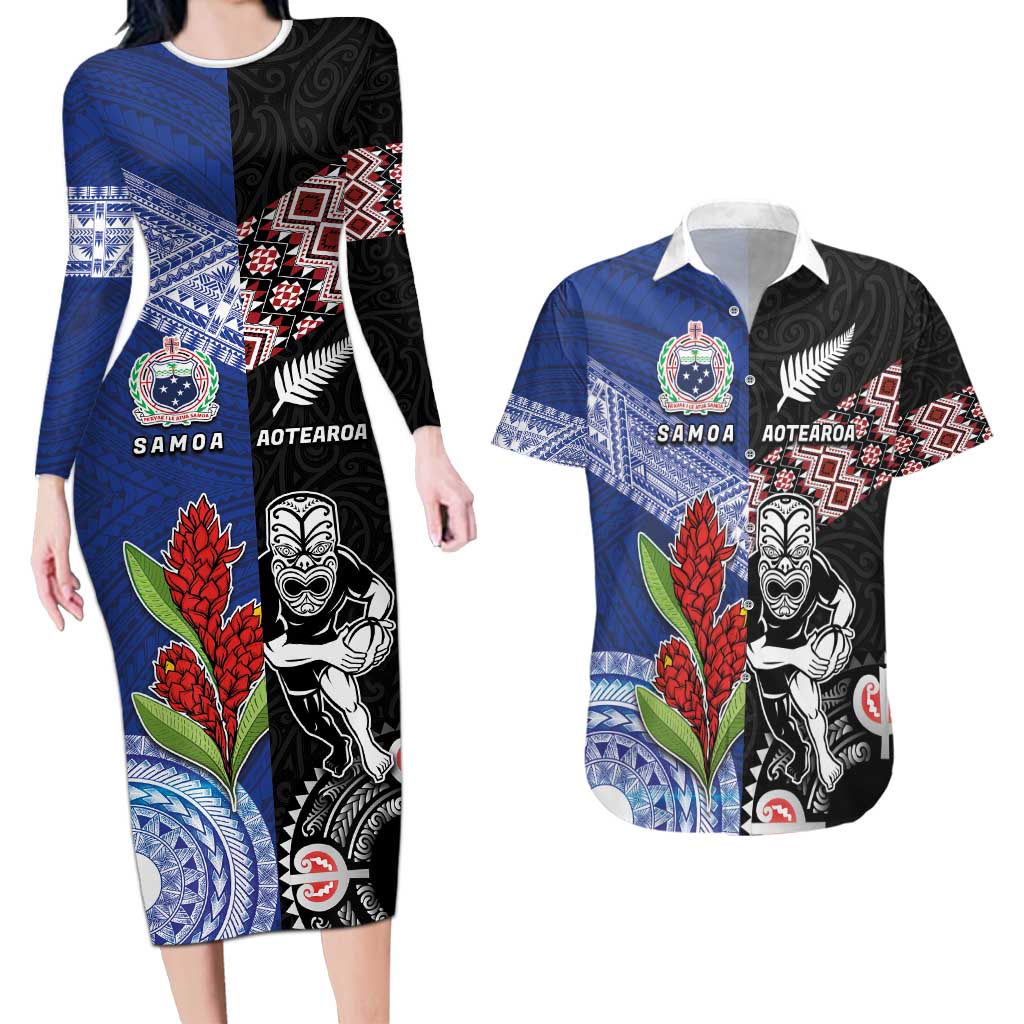 Custom Aotearoa and Samoa Rugby Couples Matching Long Sleeve Bodycon Dress and Hawaiian Shirt Maori Warrior and Teuila Emblem-Tatau with Taniko Art