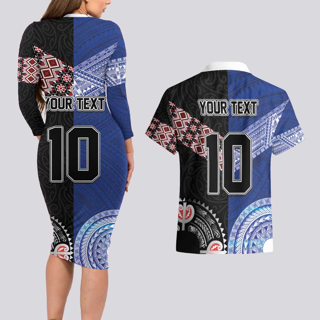 Custom Aotearoa and Samoa Rugby Couples Matching Long Sleeve Bodycon Dress and Hawaiian Shirt Maori Warrior and Teuila Emblem-Tatau with Taniko Art LT03 - Polynesian Pride