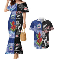 Custom Aotearoa and Samoa Rugby Couples Matching Mermaid Dress and Hawaiian Shirt Maori Warrior and Teuila Emblem-Tatau with Taniko Art LT03 Black - Polynesian Pride