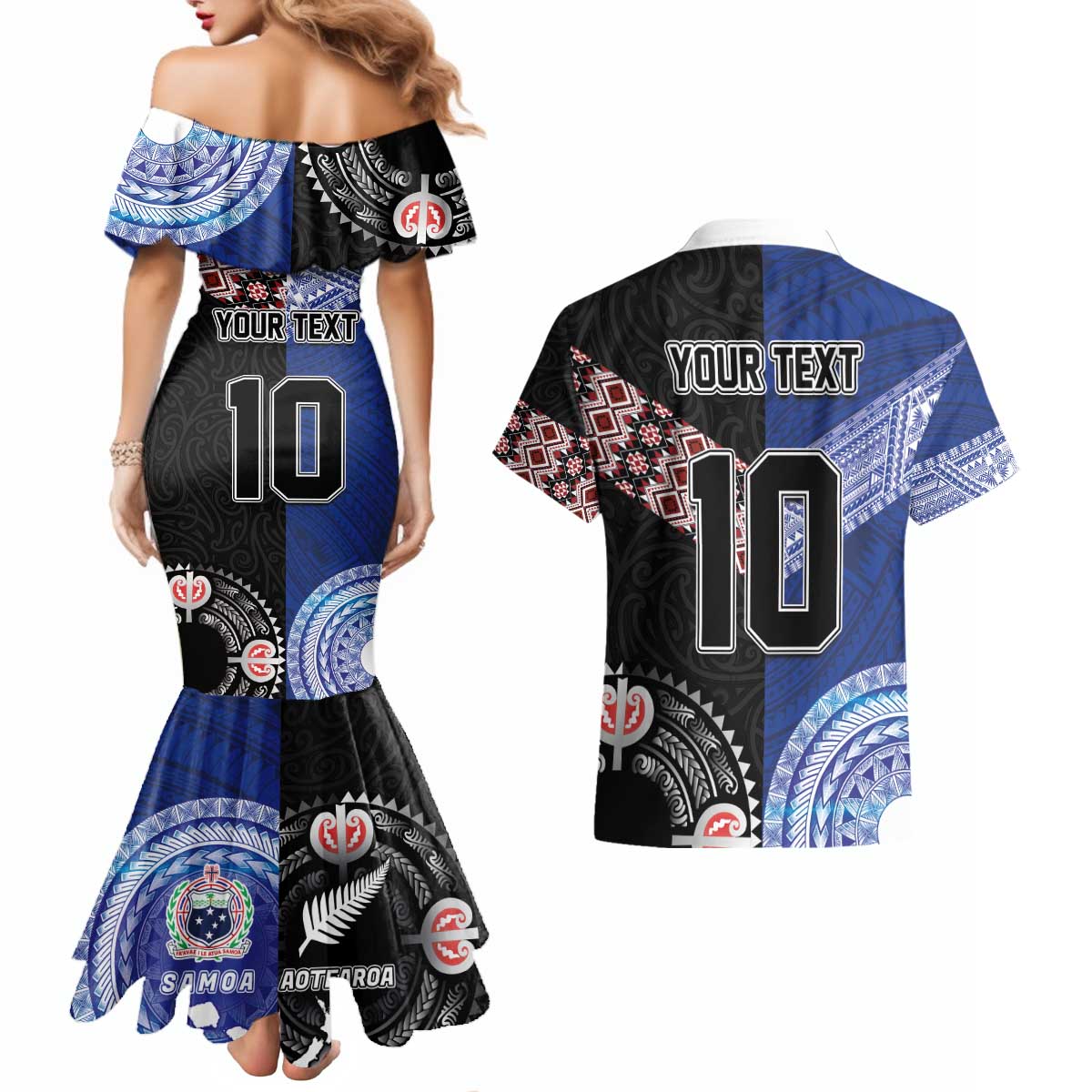 Custom Aotearoa and Samoa Rugby Couples Matching Mermaid Dress and Hawaiian Shirt Maori Warrior and Teuila Emblem-Tatau with Taniko Art LT03 - Polynesian Pride
