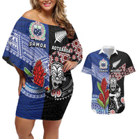 Custom Aotearoa and Samoa Rugby Couples Matching Off Shoulder Short Dress and Hawaiian Shirt Maori Warrior and Teuila Emblem-Tatau with Taniko Art LT03 Black - Polynesian Pride