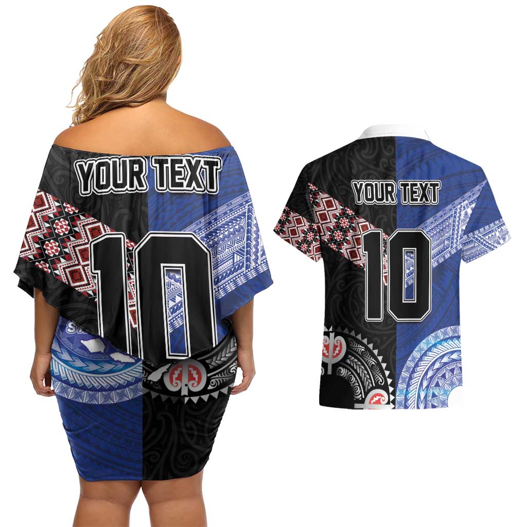 Custom Aotearoa and Samoa Rugby Couples Matching Off Shoulder Short Dress and Hawaiian Shirt Maori Warrior and Teuila Emblem-Tatau with Taniko Art LT03 - Polynesian Pride