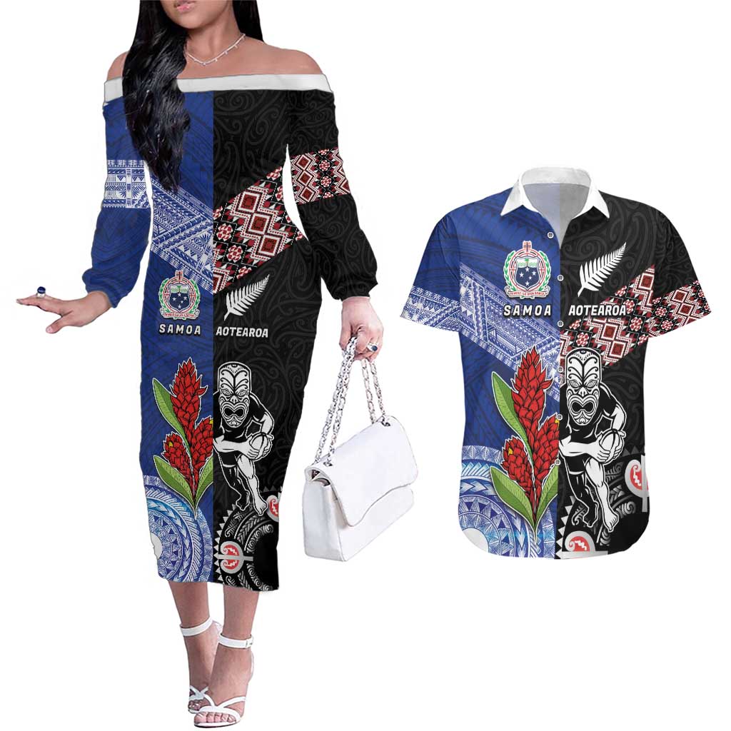 Custom Aotearoa and Samoa Rugby Couples Matching Off The Shoulder Long Sleeve Dress and Hawaiian Shirt Maori Warrior and Teuila Emblem-Tatau with Taniko Art LT03 Black - Polynesian Pride
