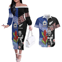Custom Aotearoa and Samoa Rugby Couples Matching Off The Shoulder Long Sleeve Dress and Hawaiian Shirt Maori Warrior and Teuila Emblem-Tatau with Taniko Art LT03 Black - Polynesian Pride