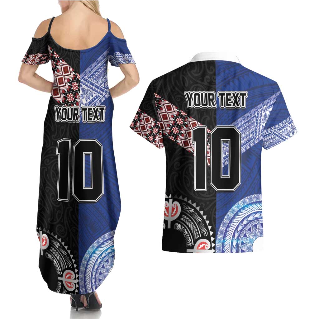 Custom Aotearoa and Samoa Rugby Couples Matching Summer Maxi Dress and Hawaiian Shirt Maori Warrior and Teuila Emblem-Tatau with Taniko Art LT03 - Polynesian Pride
