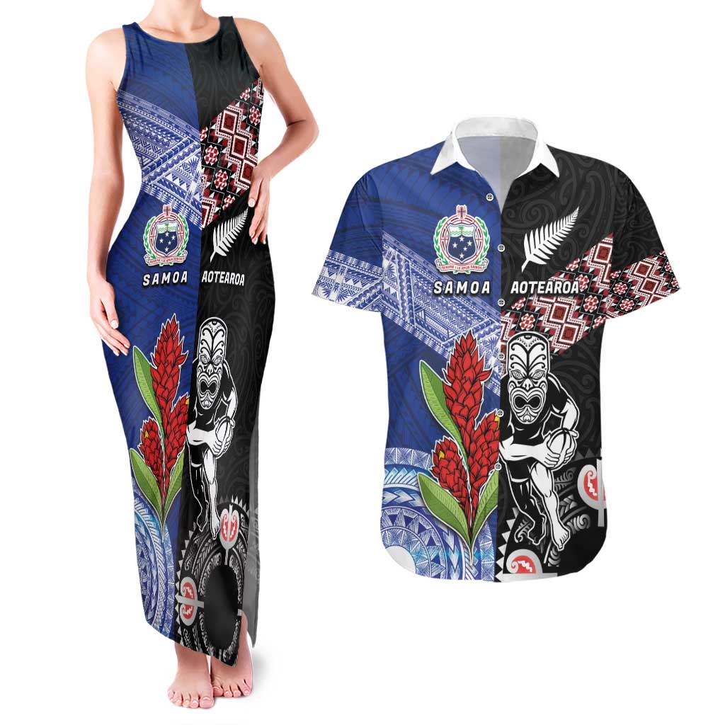 Custom Aotearoa and Samoa Rugby Couples Matching Tank Maxi Dress and Hawaiian Shirt Maori Warrior and Teuila Emblem-Tatau with Taniko Art LT03 Black - Polynesian Pride