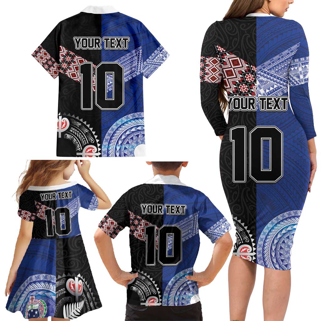 Custom Aotearoa and Samoa Rugby Family Matching Long Sleeve Bodycon Dress and Hawaiian Shirt Maori Warrior and Teuila Emblem-Tatau with Taniko Art LT03 - Polynesian Pride
