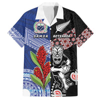 Custom Aotearoa and Samoa Rugby Family Matching Long Sleeve Bodycon Dress and Hawaiian Shirt Maori Warrior and Teuila Emblem-Tatau with Taniko Art LT03 Dad's Shirt - Short Sleeve Black - Polynesian Pride