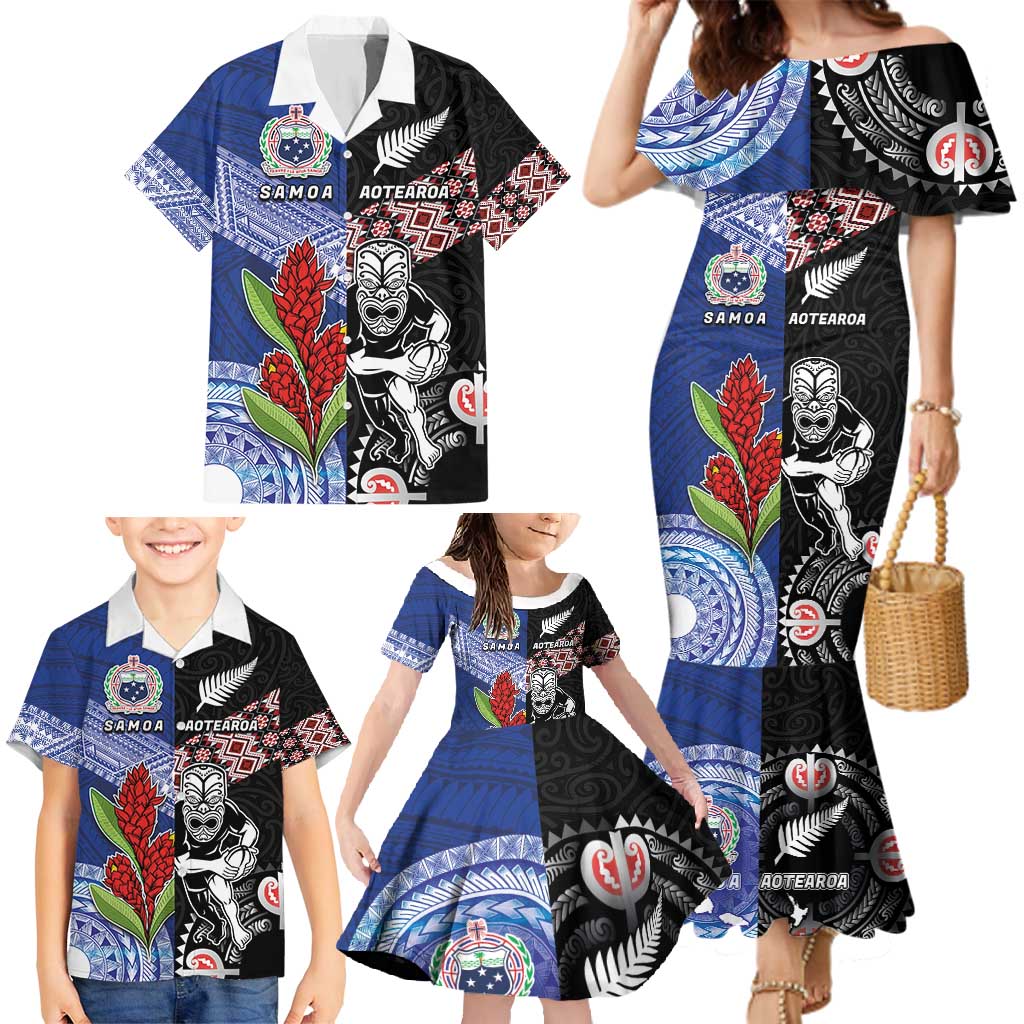 Custom Aotearoa and Samoa Rugby Family Matching Mermaid Dress and Hawaiian Shirt Maori Warrior and Teuila Emblem-Tatau with Taniko Art LT03 - Polynesian Pride