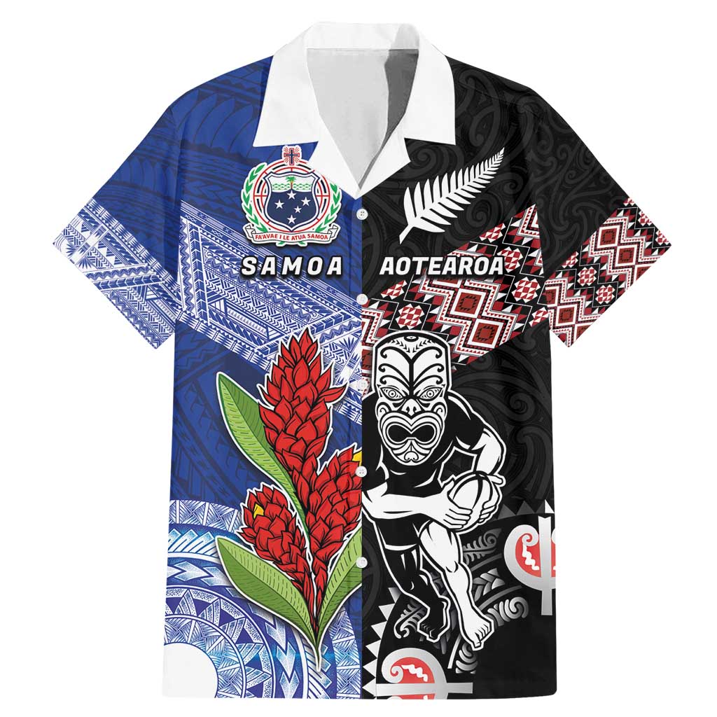 Custom Aotearoa and Samoa Rugby Family Matching Mermaid Dress and Hawaiian Shirt Maori Warrior and Teuila Emblem-Tatau with Taniko Art LT03 Dad's Shirt - Short Sleeve Black - Polynesian Pride