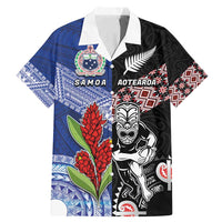 Custom Aotearoa and Samoa Rugby Family Matching Mermaid Dress and Hawaiian Shirt Maori Warrior and Teuila Emblem-Tatau with Taniko Art LT03 Dad's Shirt - Short Sleeve Black - Polynesian Pride